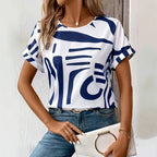 Yvaine | Women's Abstract Print T-Shirt | White, Short Sleeve, Round Neck