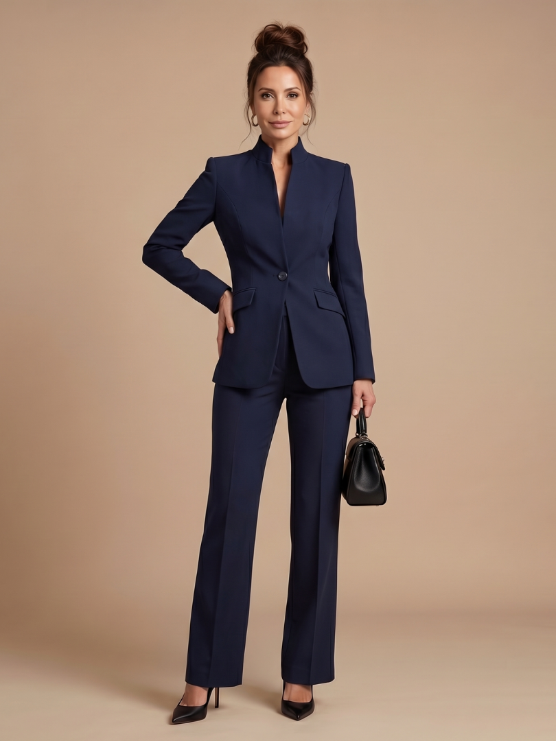Women 2 Piece Suit Stand Collar Flared Trousers