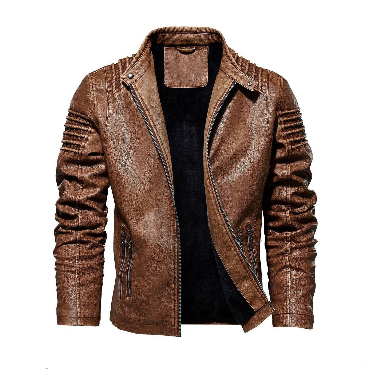 Quinn | Men's Faux Leather Jacket | Biker Style, Ribbed Sleeves | Fleece Lined