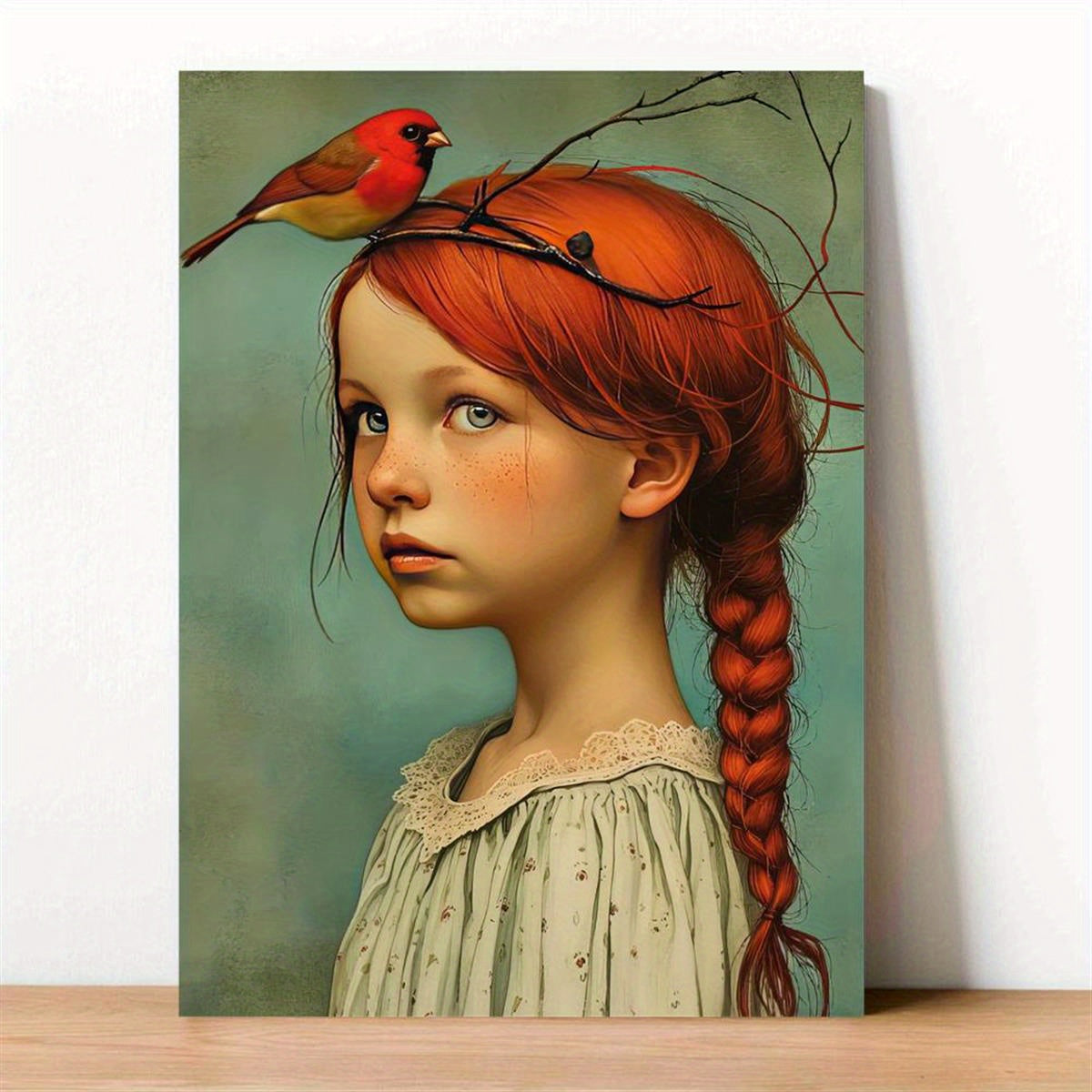 Cosima | Canvas Wall Art | Girl & Cardinal Portrait, Art Deco | Frameless