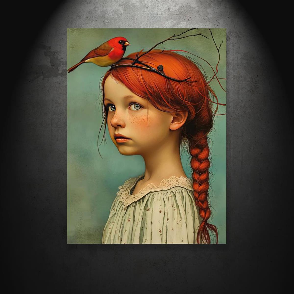 Cosima | Canvas Wall Art | Girl & Cardinal Portrait, Art Deco | Frameless