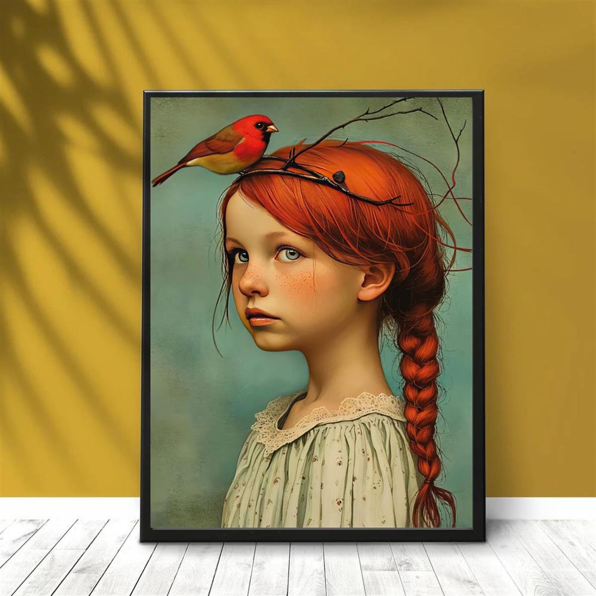 Cosima | Canvas Wall Art | Girl & Cardinal Portrait, Art Deco | Frameless