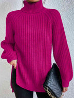 Women Ribbed Knit Turtleneck Sweater Side Slit