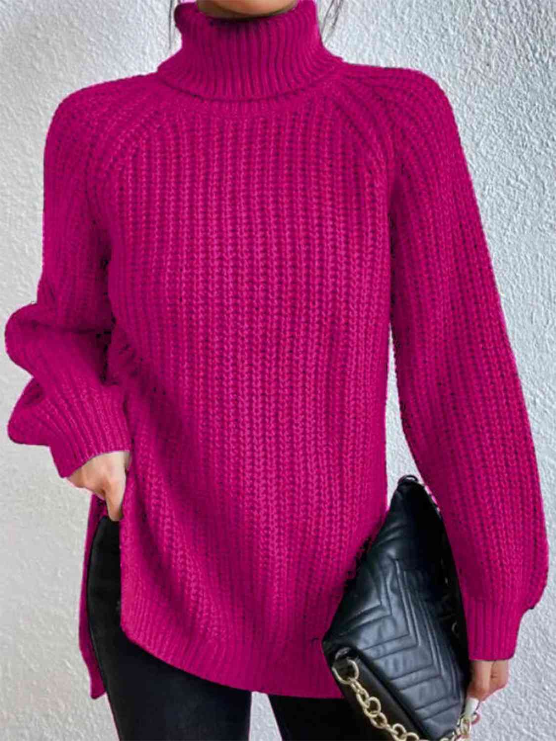 Women Ribbed Knit Turtleneck Sweater Side Slit
