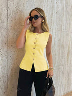 Leah | Women's Sleeveless Vest | Button-Front, Peplum | Tailored Fit