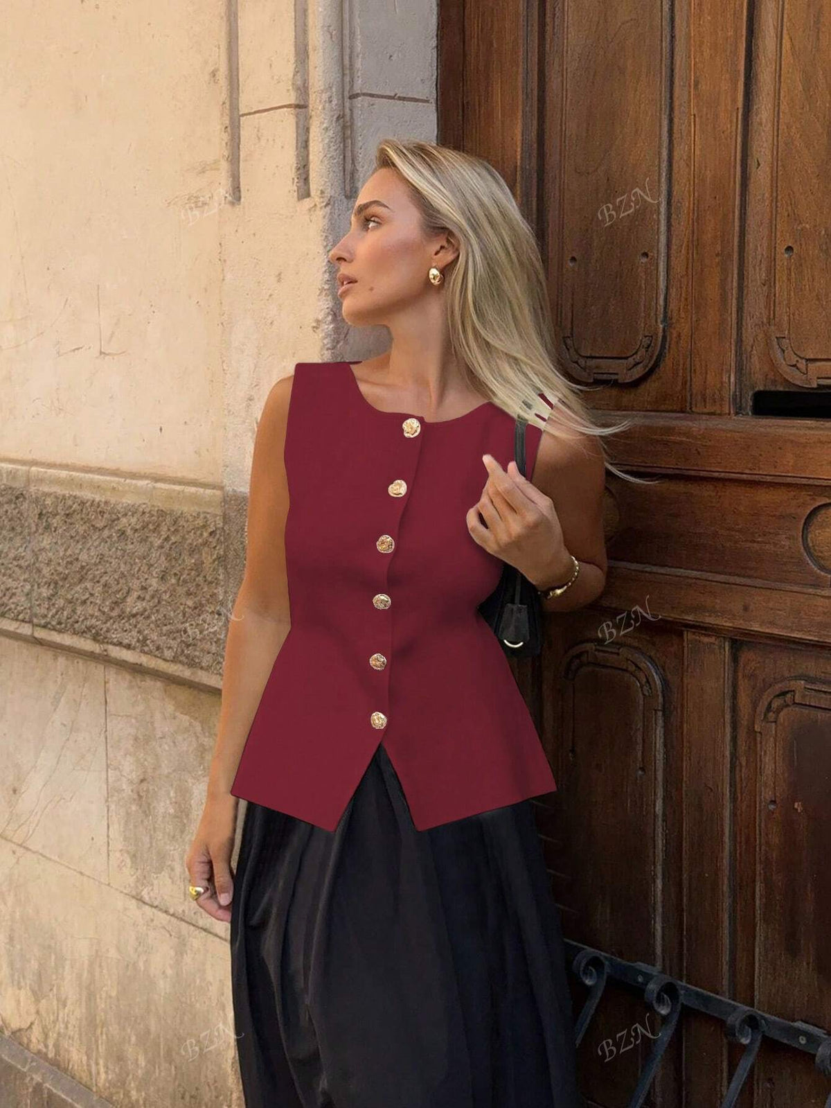 Leah | Women's Sleeveless Vest | Button-Front, Peplum | Tailored Fit