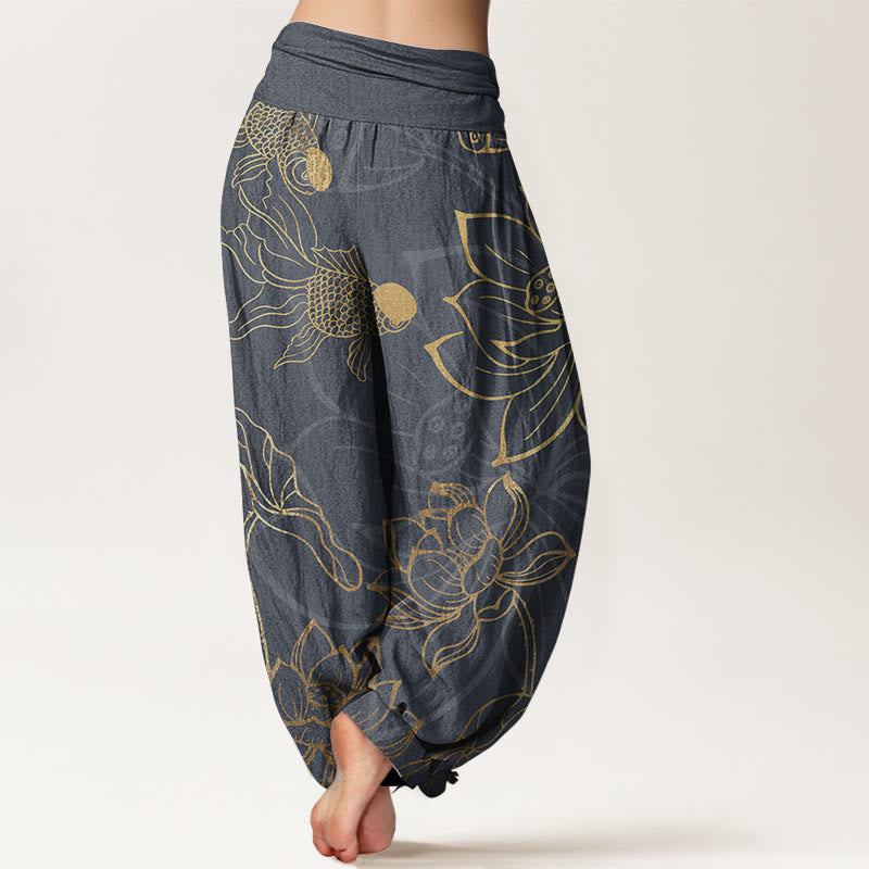 Halcyon | Women's Harem Pants | Koi Fish & Lotus Print, Cotton | Loose Fit