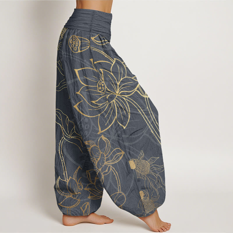 Halcyon | Women's Harem Pants | Koi Fish & Lotus Print, Cotton | Loose Fit