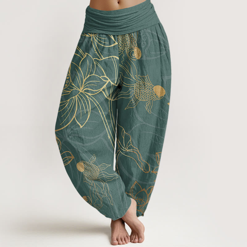 Halcyon | Women's Harem Pants | Koi Fish & Lotus Print, Cotton | Loose Fit