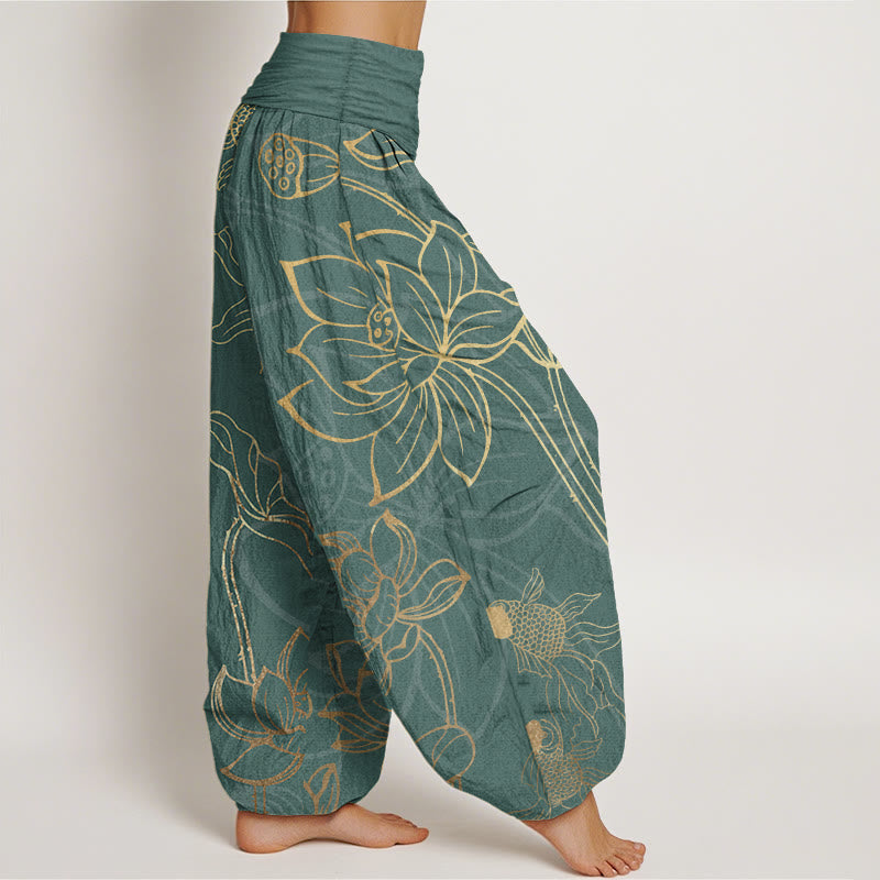 Halcyon | Women's Harem Pants | Koi Fish & Lotus Print, Cotton | Loose Fit