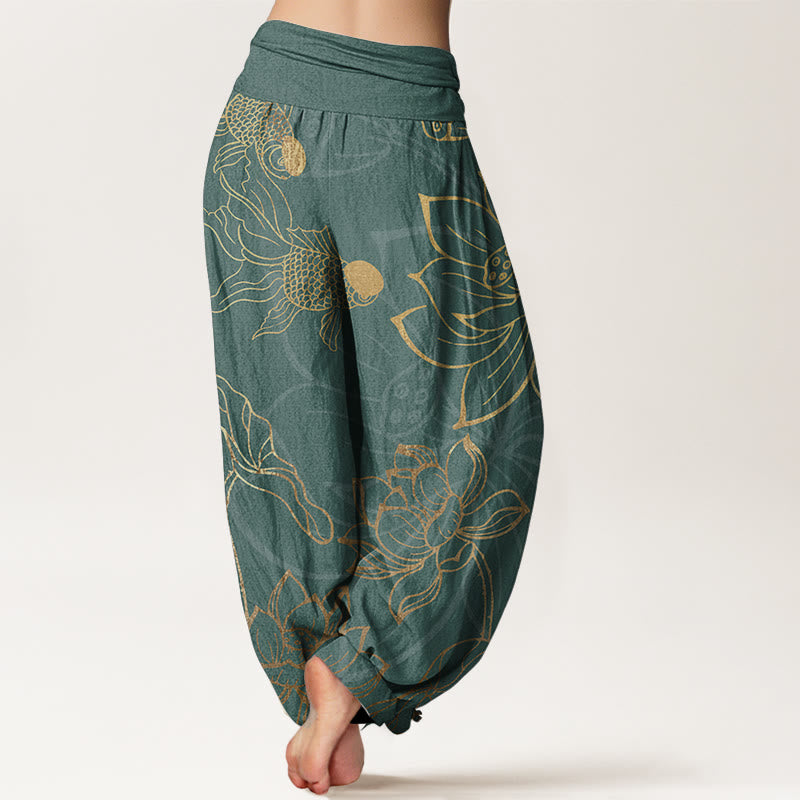 Halcyon | Women's Harem Pants | Koi Fish & Lotus Print, Cotton | Loose Fit