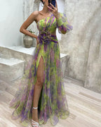 Evening Maxi Dress | One-Shoulder, Floral Appliqué & High Slit | Noor