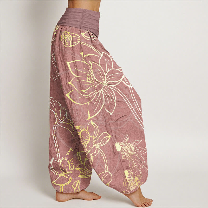 Halcyon | Women's Harem Pants | Koi Fish & Lotus Print, Cotton | Loose Fit