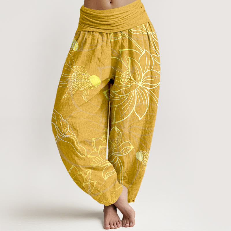Halcyon | Women's Harem Pants | Koi Fish & Lotus Print, Cotton | Loose Fit