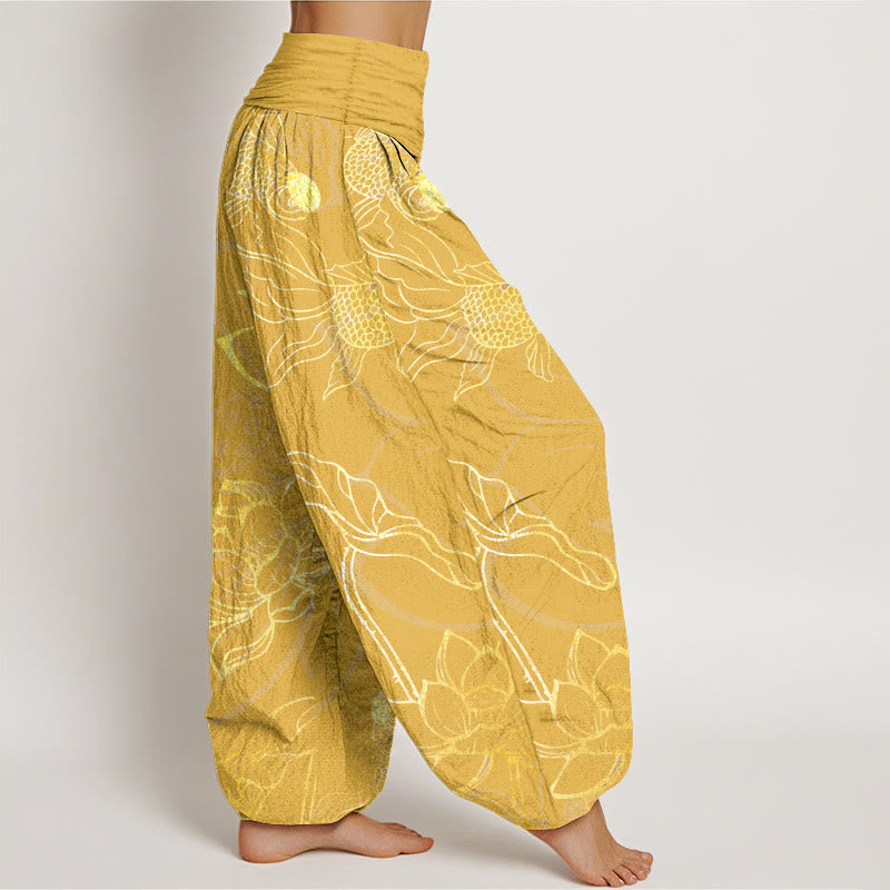 Halcyon | Women's Harem Pants | Koi Fish & Lotus Print, Cotton | Loose Fit