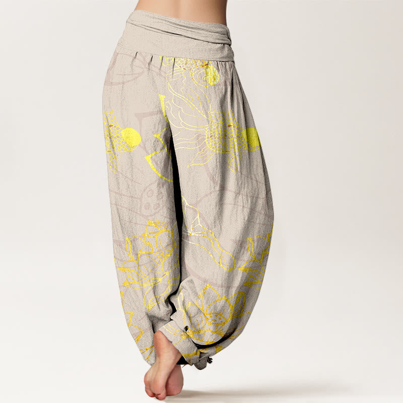Halcyon | Women's Harem Pants | Koi Fish & Lotus Print, Cotton | Loose Fit