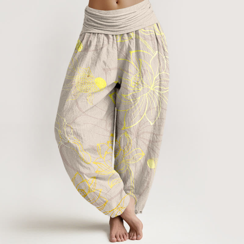 Halcyon | Women's Harem Pants | Koi Fish & Lotus Print, Cotton | Loose Fit
