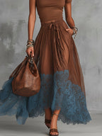 Lace Maxi Skirt Set Women Cotton Top Tulle Two Piece | Dione