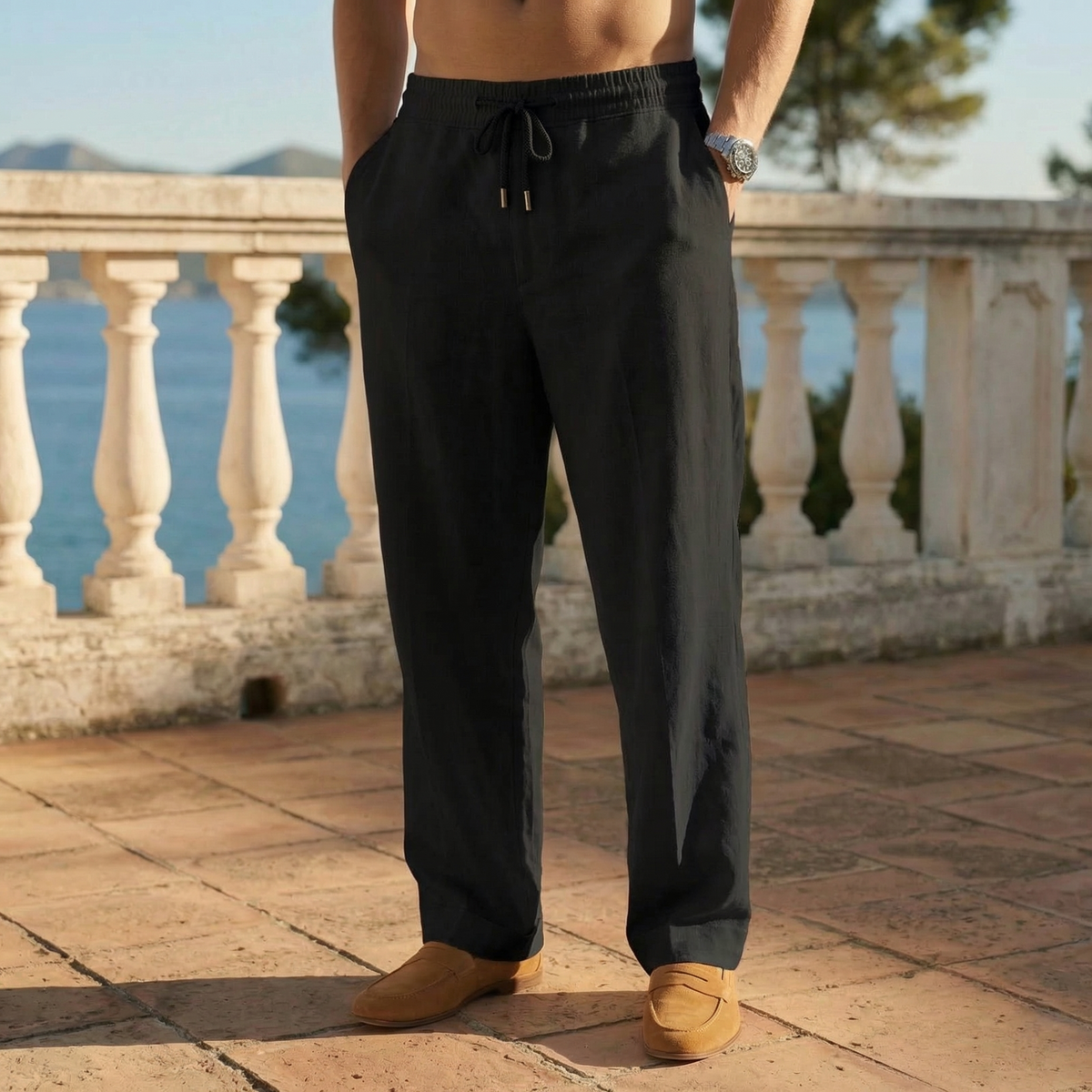 Men Linen Pants Relaxed Fit Drawstring Lightweight | Faye