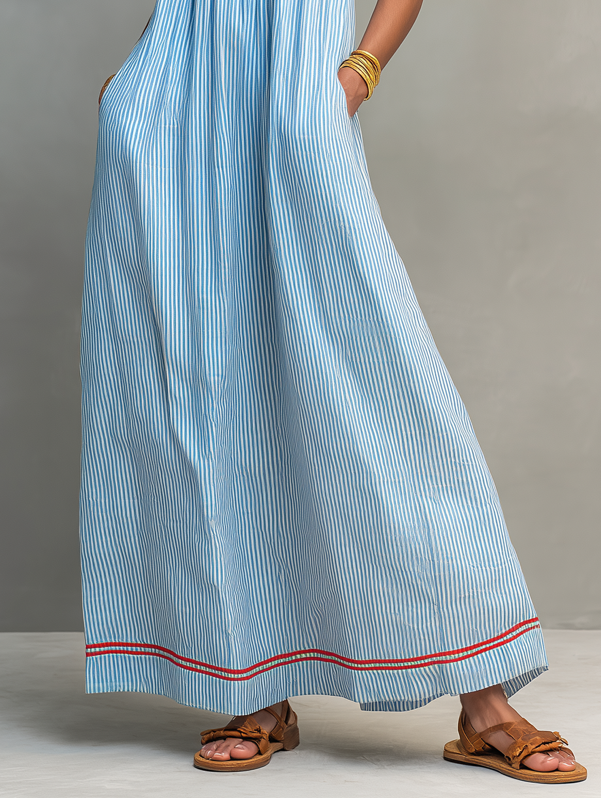 Yvaine | Maxi Dress | Women's Striped, Spaghetti Strap | Red Trim Detail