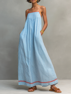 Yvaine | Maxi Dress | Women's Striped, Spaghetti Strap | Red Trim Detail