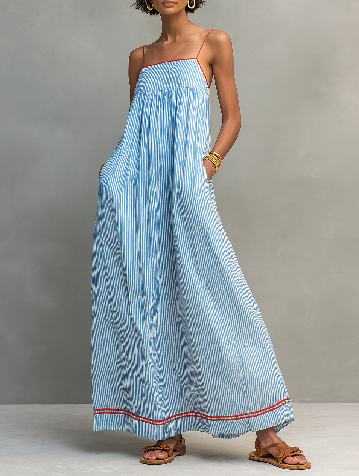 Yvaine | Maxi Dress | Women's Striped, Spaghetti Strap | Red Trim Detail
