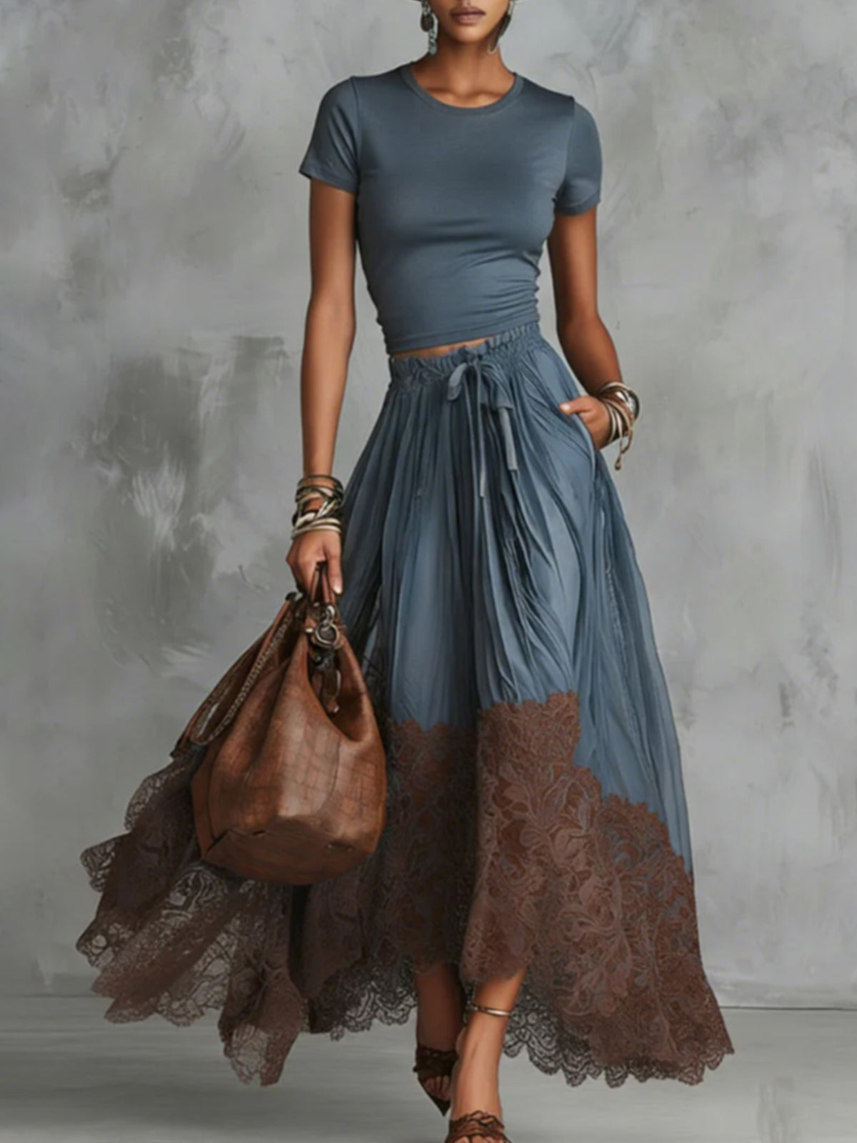Lace Maxi Skirt Set Women Cotton Top Tulle Two Piece | Dione
