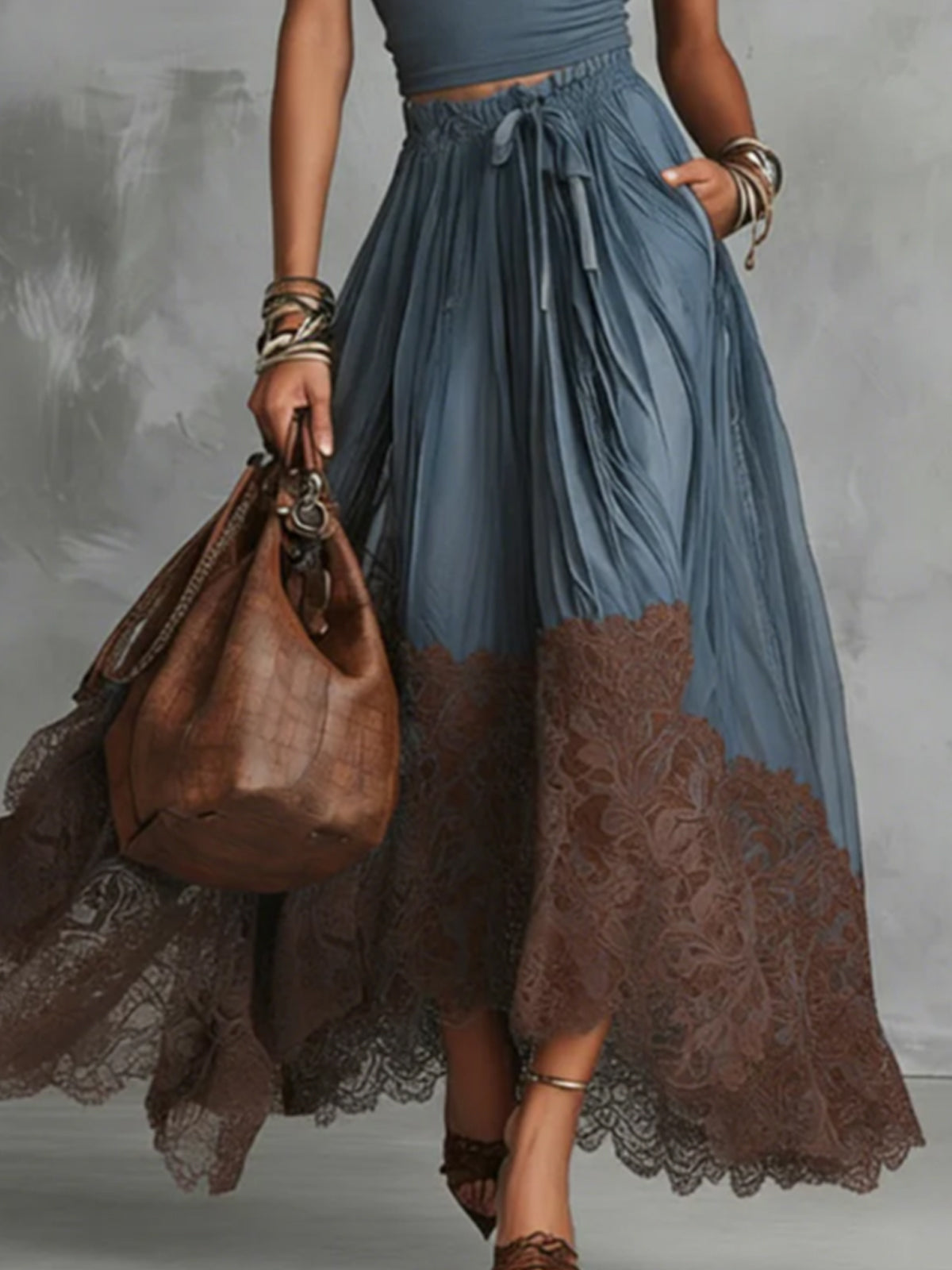 Lace Maxi Skirt Set Women Cotton Top Tulle Two Piece | Dione