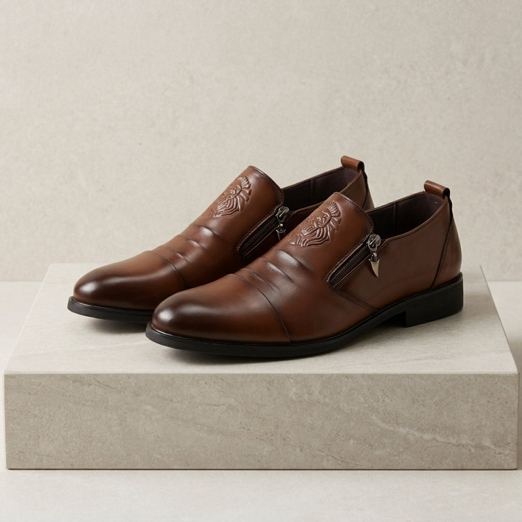 Nora | Men's Leather Dress Shoes | Lion Embossed, Side Zip | All-Season