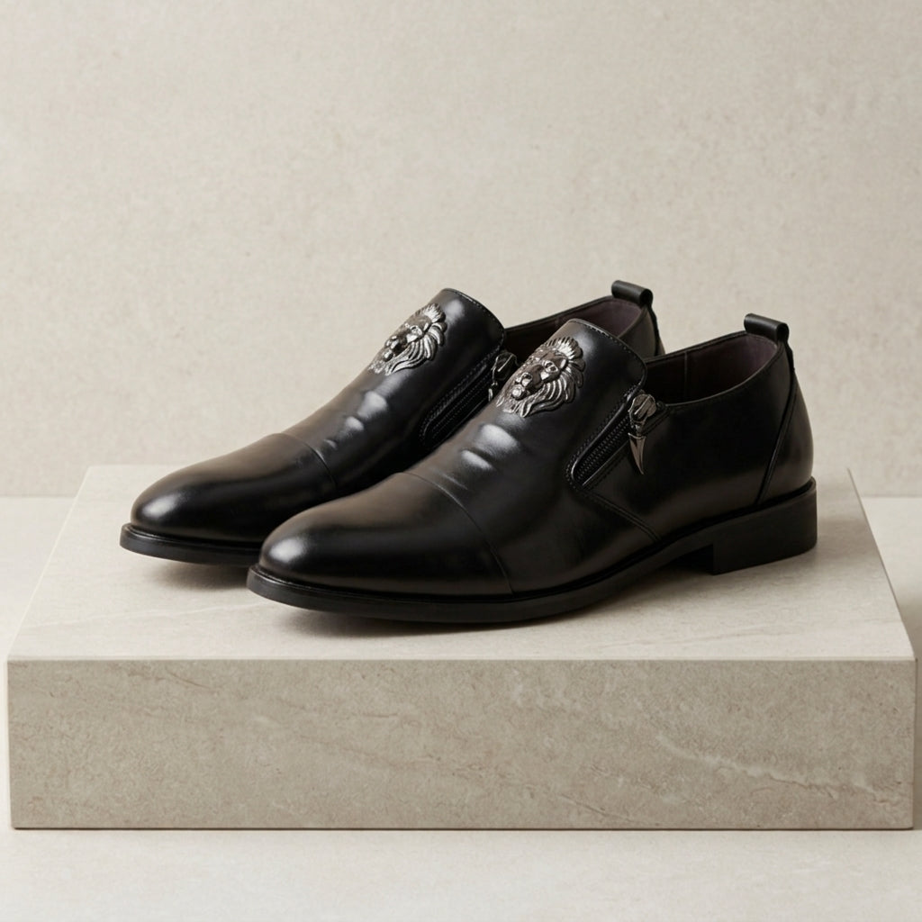 Nora | Men's Leather Dress Shoes | Lion Embossed, Side Zip | All-Season