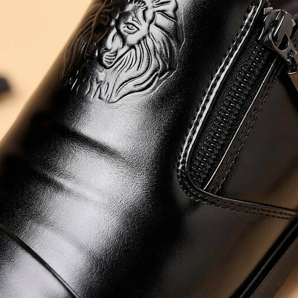 Nora | Men's Leather Dress Shoes | Lion Embossed, Side Zip | All-Season