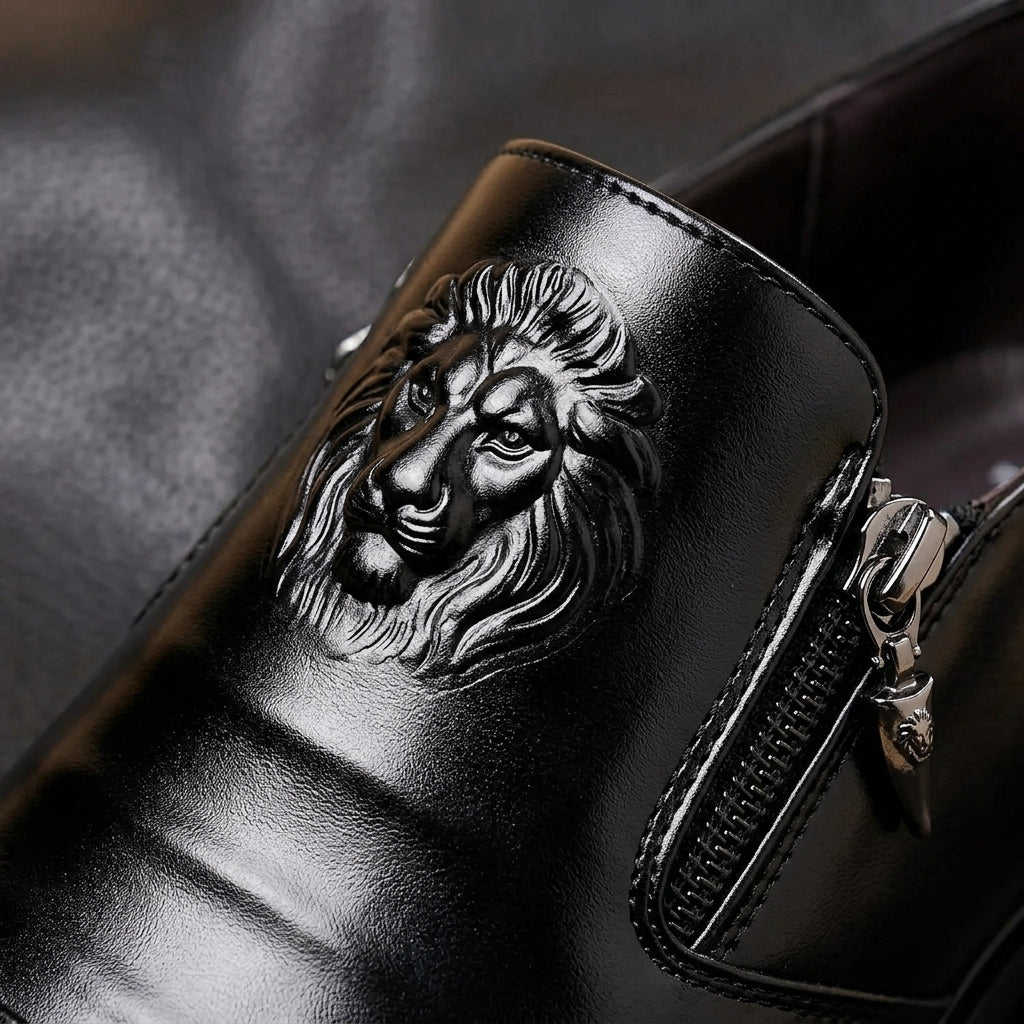 Nora | Men's Leather Dress Shoes | Lion Embossed, Side Zip | All-Season
