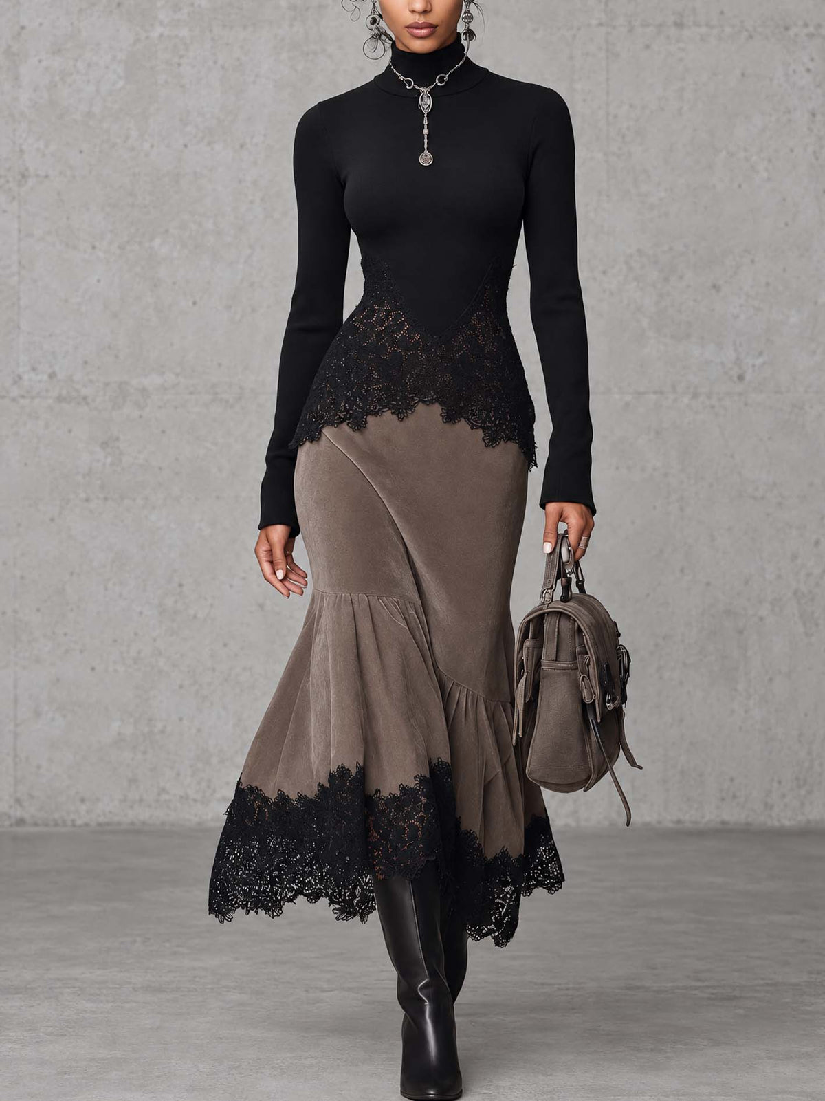 Women Lace Maxi Skirt Set Mermaid 2 Piece Mock Neck Peplum | Perla