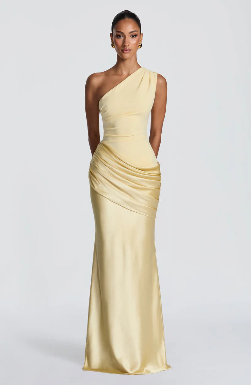 Long Maxi Dress Women One Shoulder Asymmetric Neckline Draped