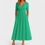 Nina | Midi Dress | Surplice V-Neckline, Elbow Sleeves | Side Pockets