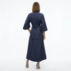 Midi Dress Women Belted Flared A Line Three Quarter Sleeve High Neck