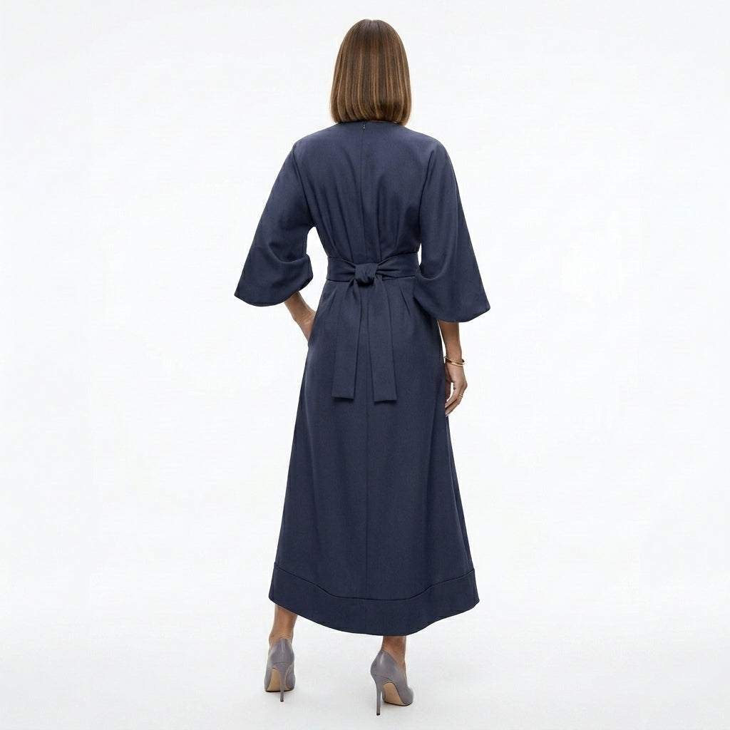 Midi Dress Women Belted Flared A Line Three Quarter Sleeve High Neck
