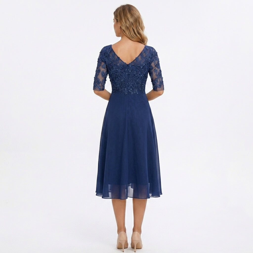 Midi Dress Women Lace Top Tulle Skirt Formal Three Quarter Sleeve