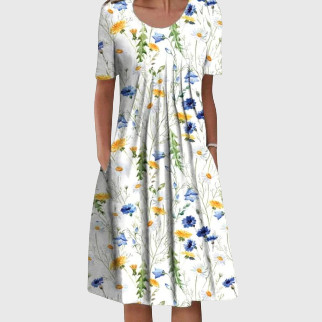 Summer Dress Women Printed Round Neck Layered Tummy Coverage