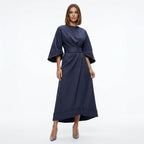 Midi Dress Women Belted Flared A Line Three Quarter Sleeve High Neck