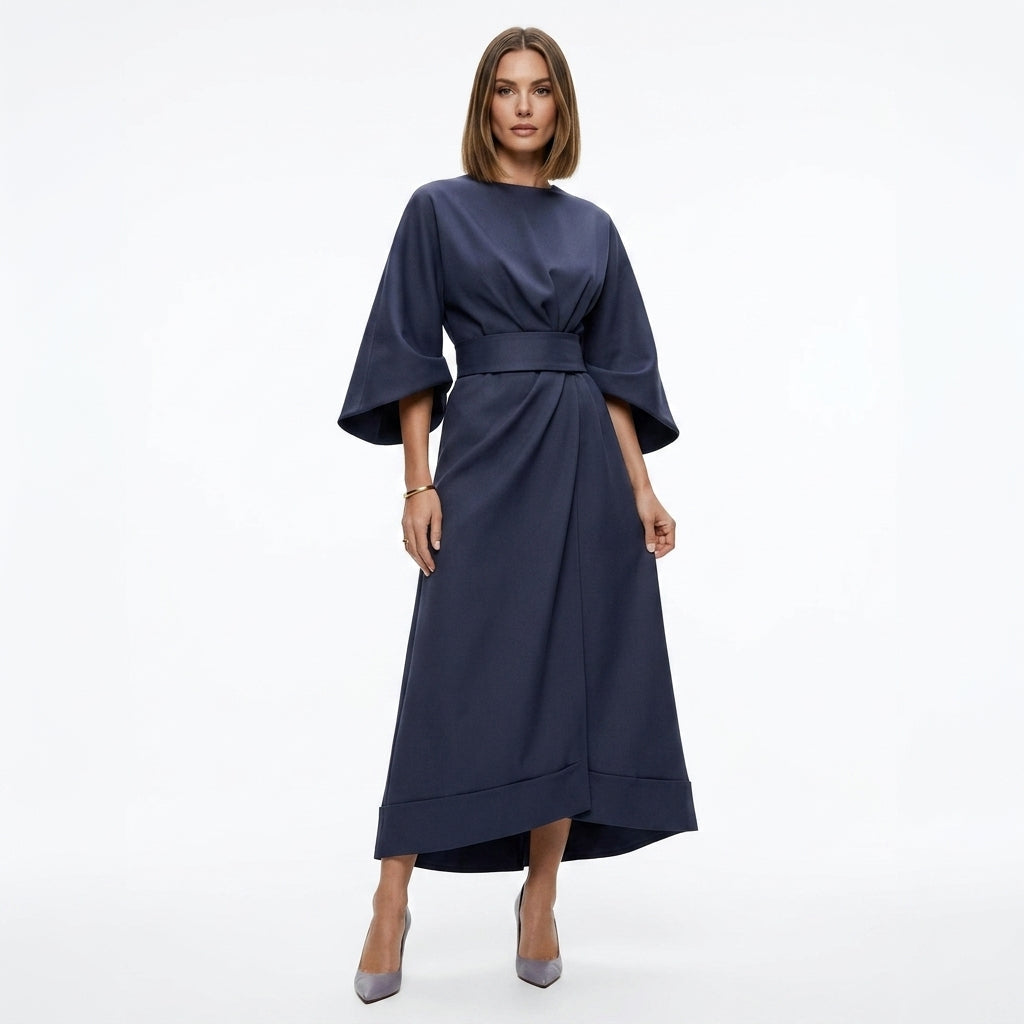 Midi Dress Women Belted Flared A Line Three Quarter Sleeve High Neck