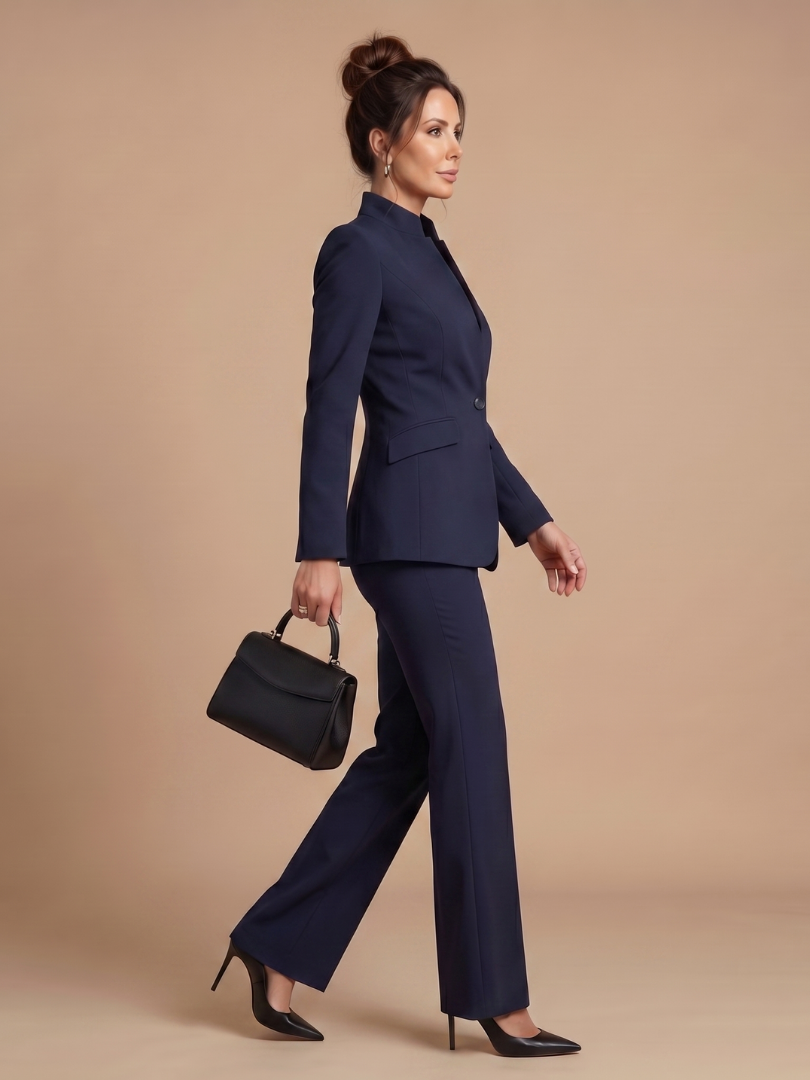 Women 2 Piece Suit Stand Collar Flared Trousers