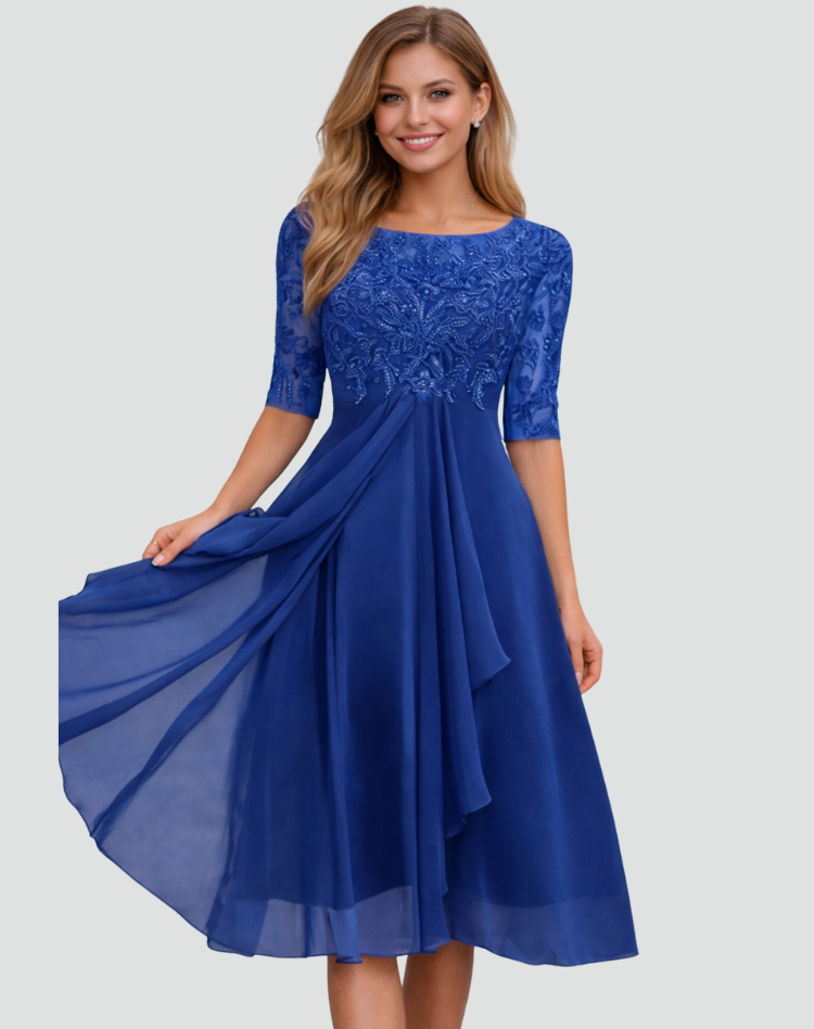 Cocktail Dress Women Midi Lace Top Tulle Skirt Three Quarter Sleeve