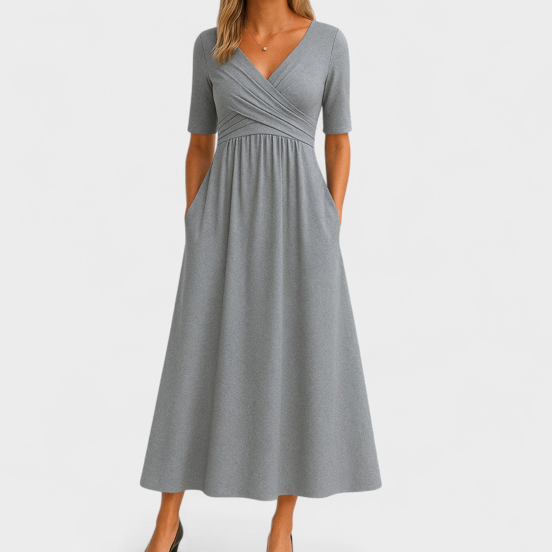 Nina | Midi Dress | Surplice V-Neckline, Elbow Sleeves | Side Pockets