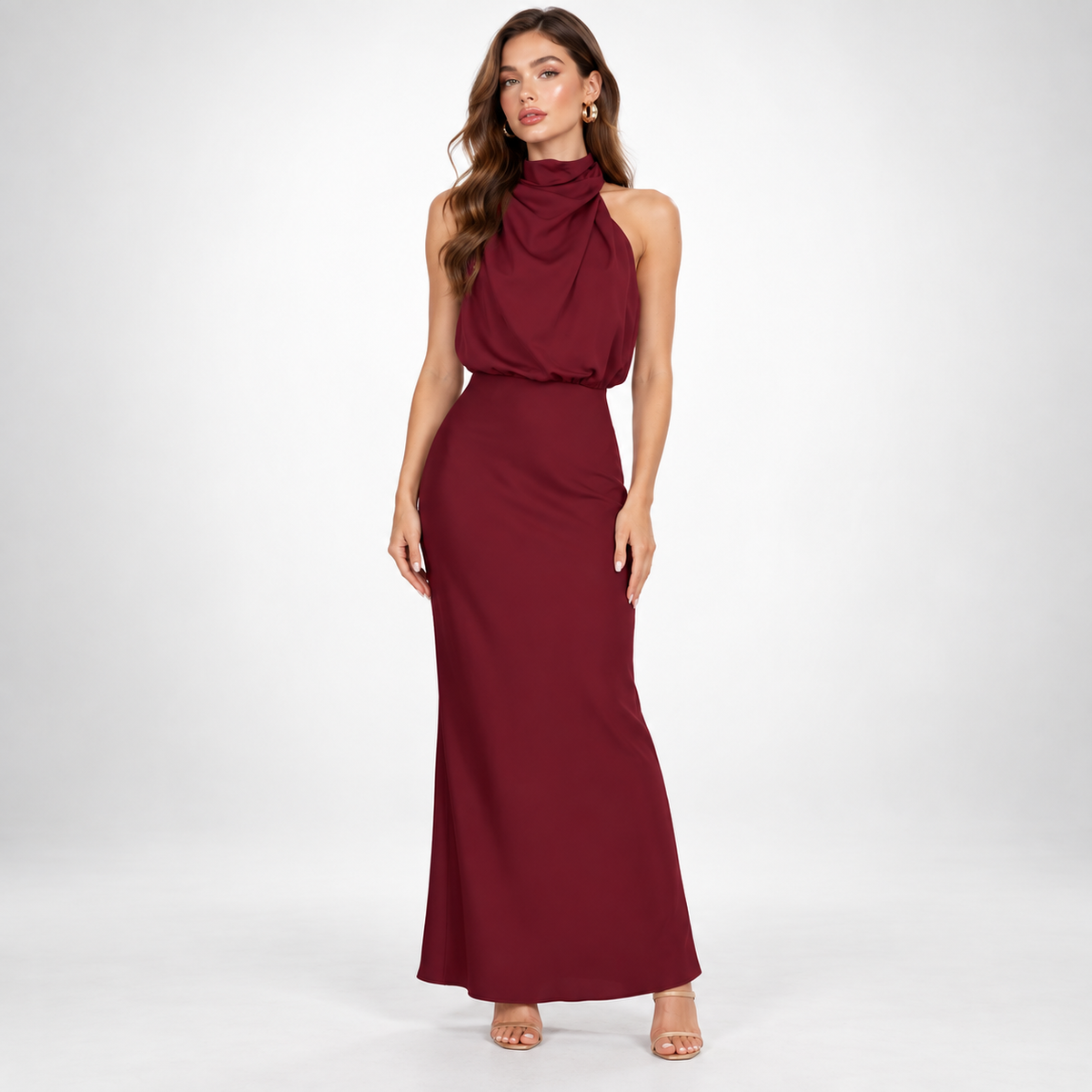 Satin Dress Women Midi Asymmetric Neckline Lightweight