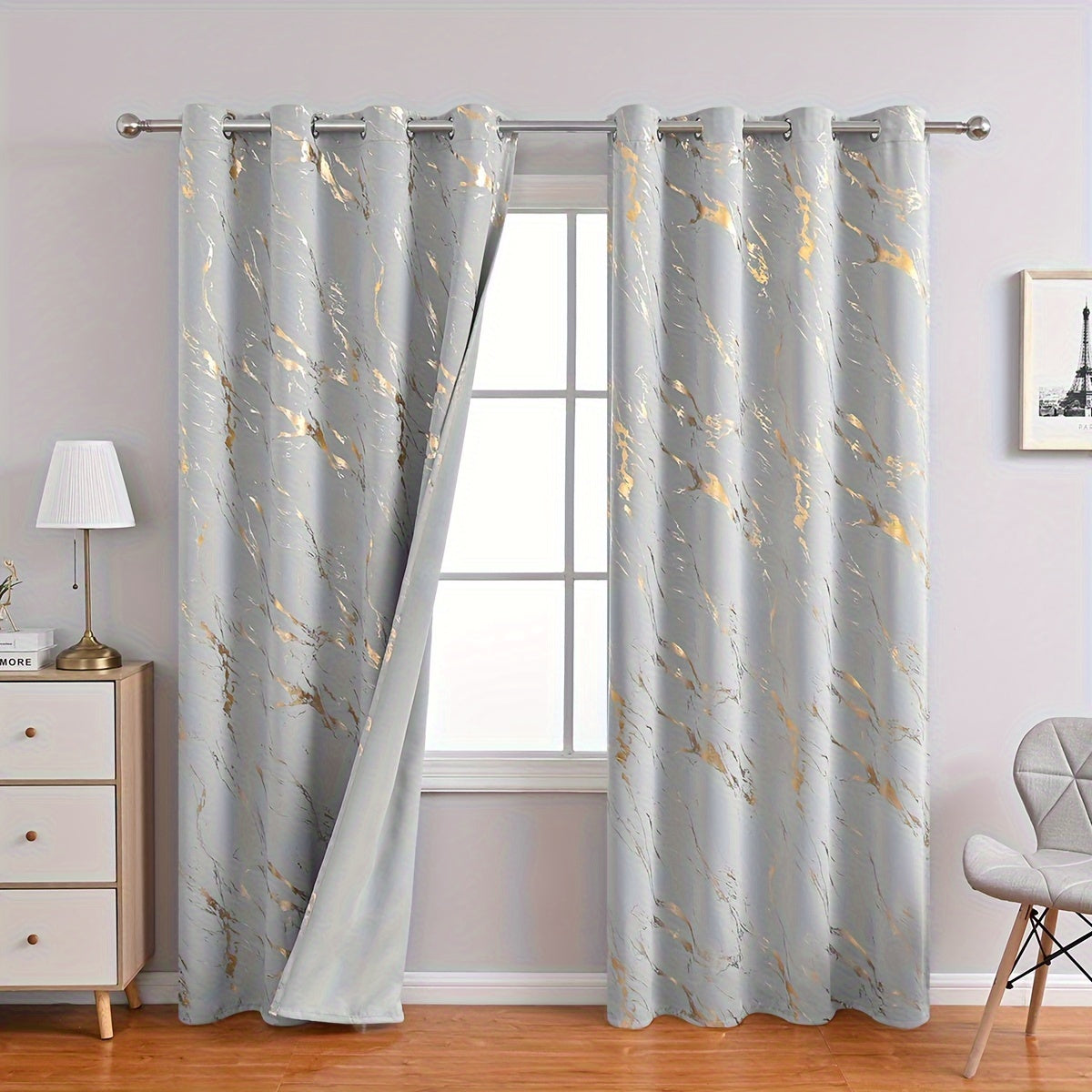 2 Piece Blackout Curtains Marble Print Ring Top
