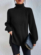 Women Ribbed Knit Turtleneck Sweater Side Slit