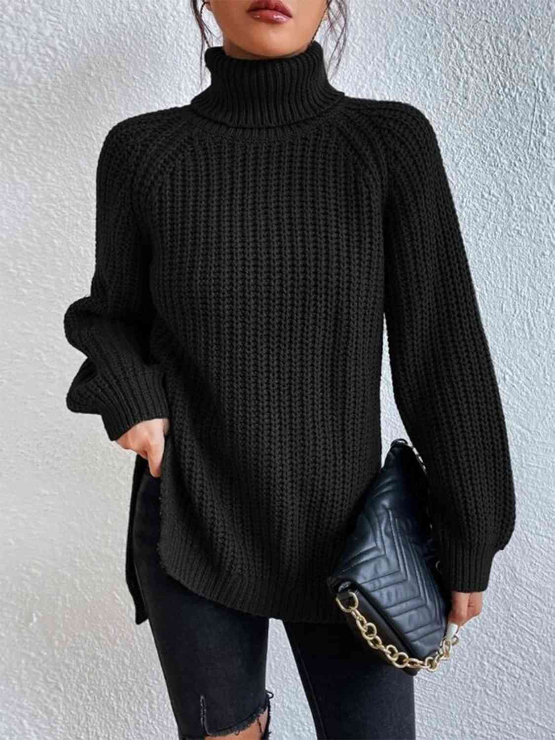 Women Ribbed Knit Turtleneck Sweater Side Slit