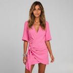 Wrap Dress Women Short Crepe Viscose Blend V Neck Elbow Sleeve