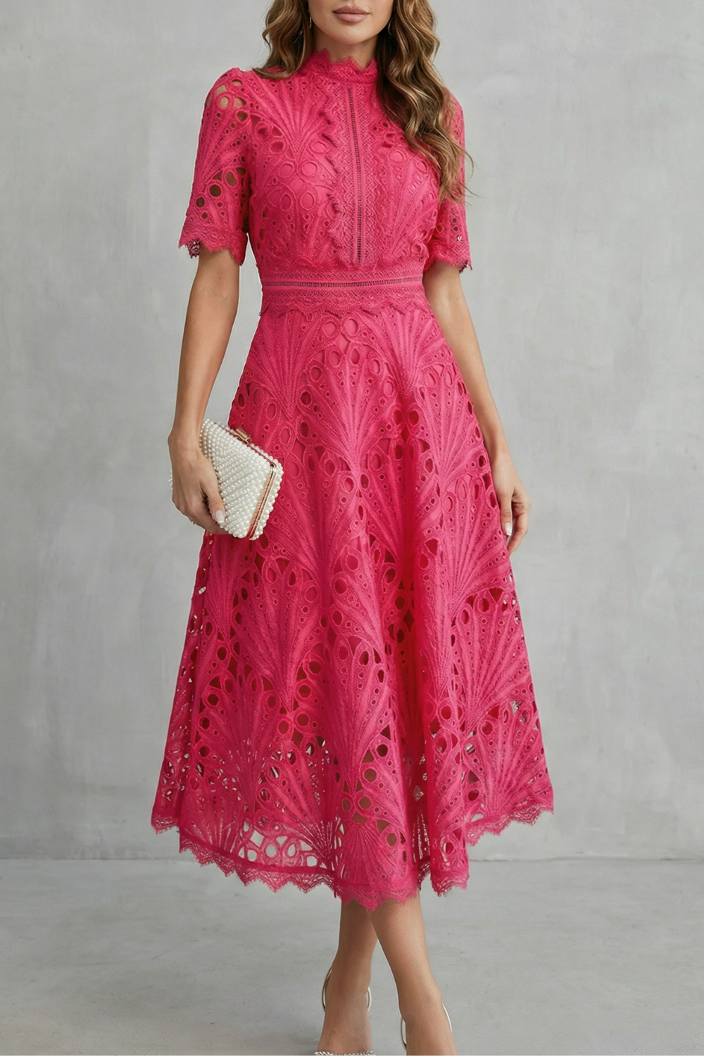 Midi Dress Women Lace Cutwork High Neck Short Sleeve Flared Skirt